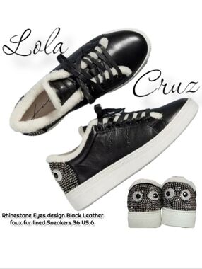 Lola Cruz Anthropologie Women Crystal Eye Faux Fur Leather Sneaker Black Cream 6